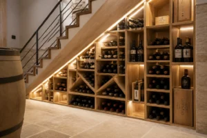 Cave à vin sous escalier avec casiers bois et éclairage LED, ambiance chaleureuse