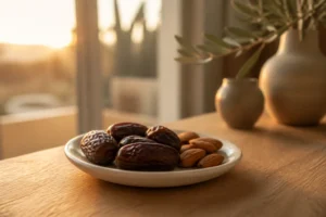 Assiette de dattes Medjool et amandes sur table en bois, lumière de soirée douce et chaleureuse