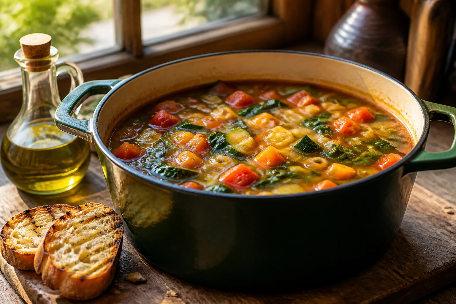 Cocotte de minestrone traditionnel maison aux légumes frais et haricots blancs, bouillon doré et parmesan râpé en finition
