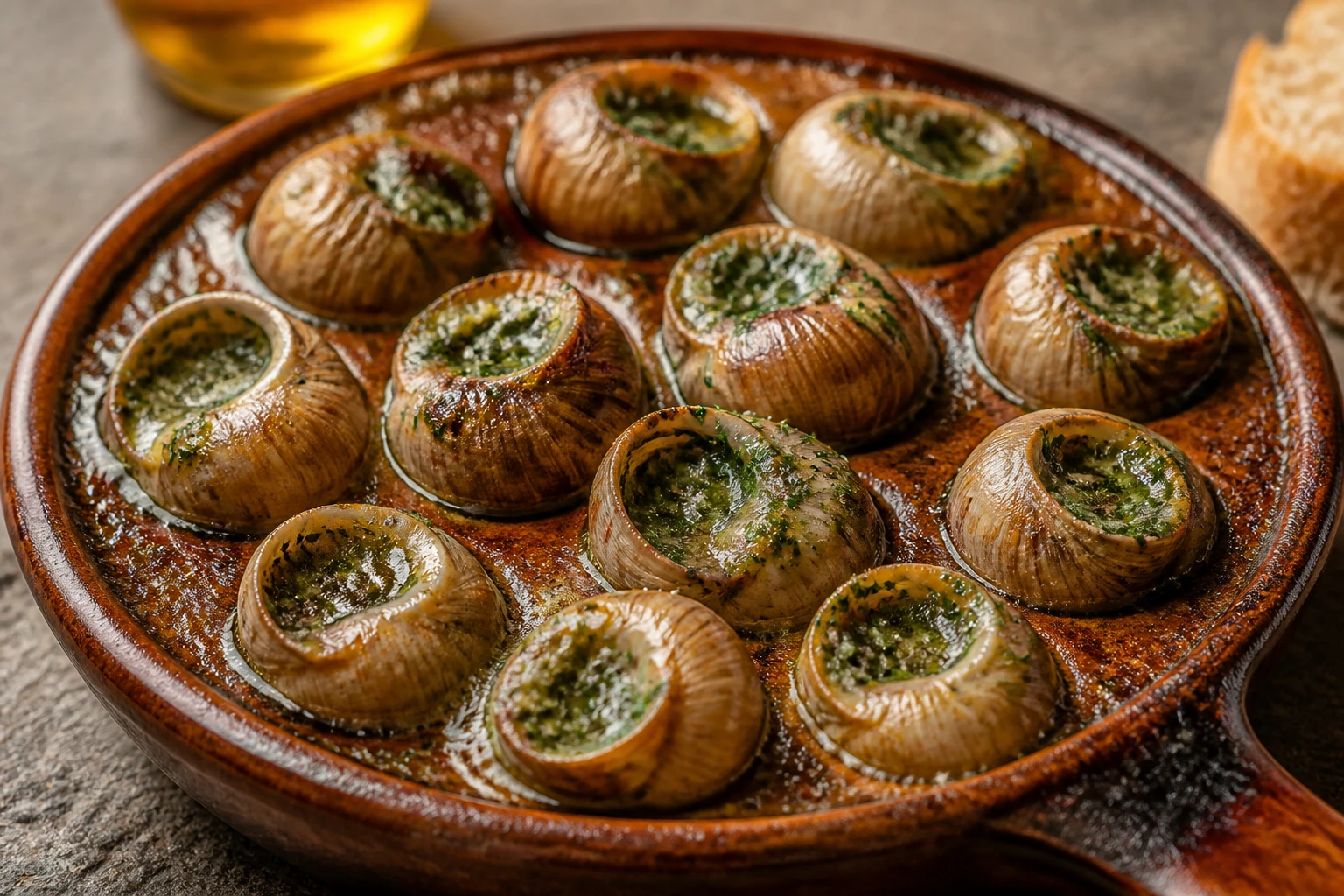 Escargots à la bourguignonne avec beurre persillé fondant dans des coquilles, plat en terre cuite