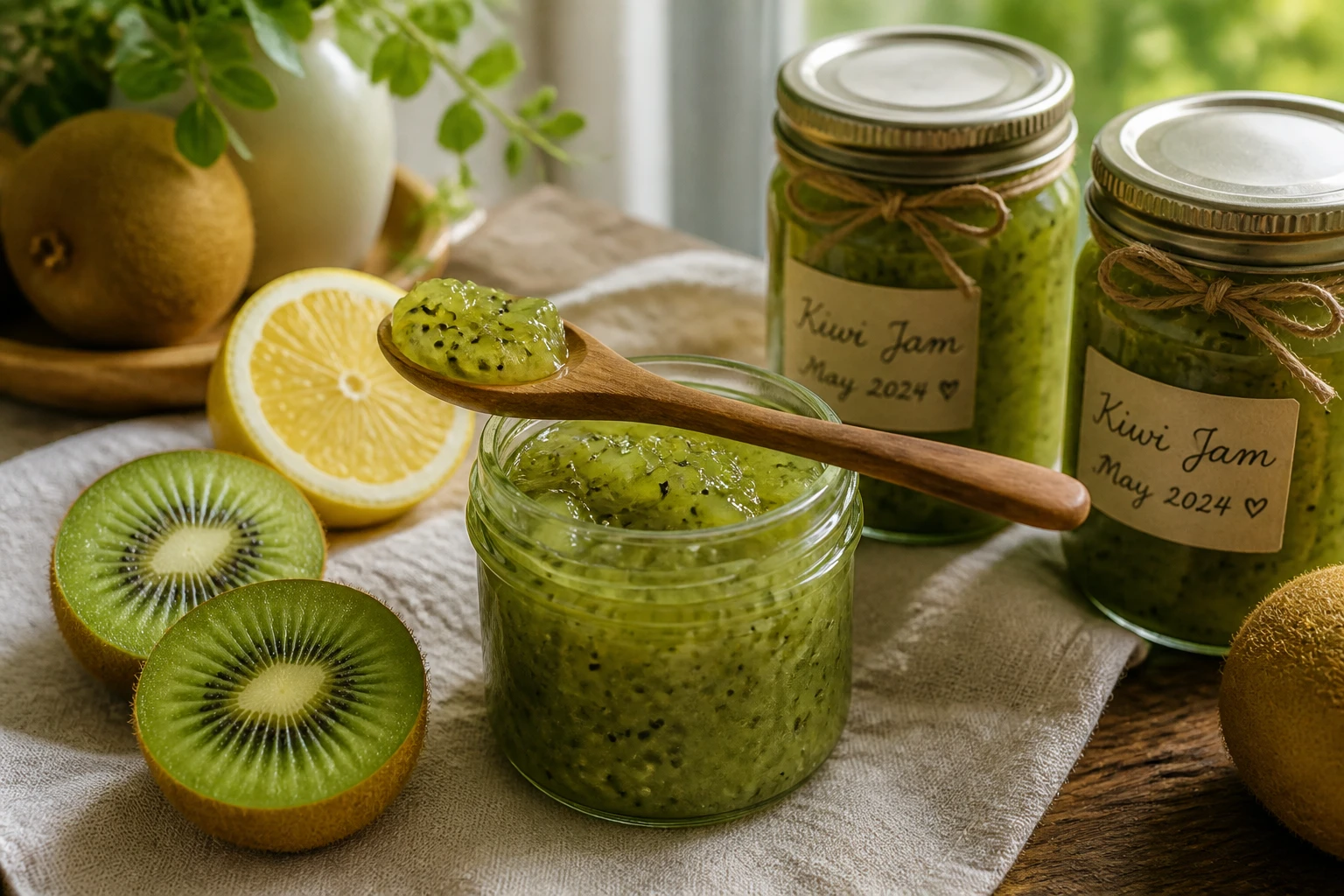 Pot de confiture de kiwi maison ouvert avec une cuillère en bois, kiwis frais et bocaux stérilisés sur table en bois rustique