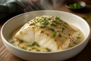 Dos de cabillaud sauce moutarde crémeuse servi dans un bol blanc avec du persil frais