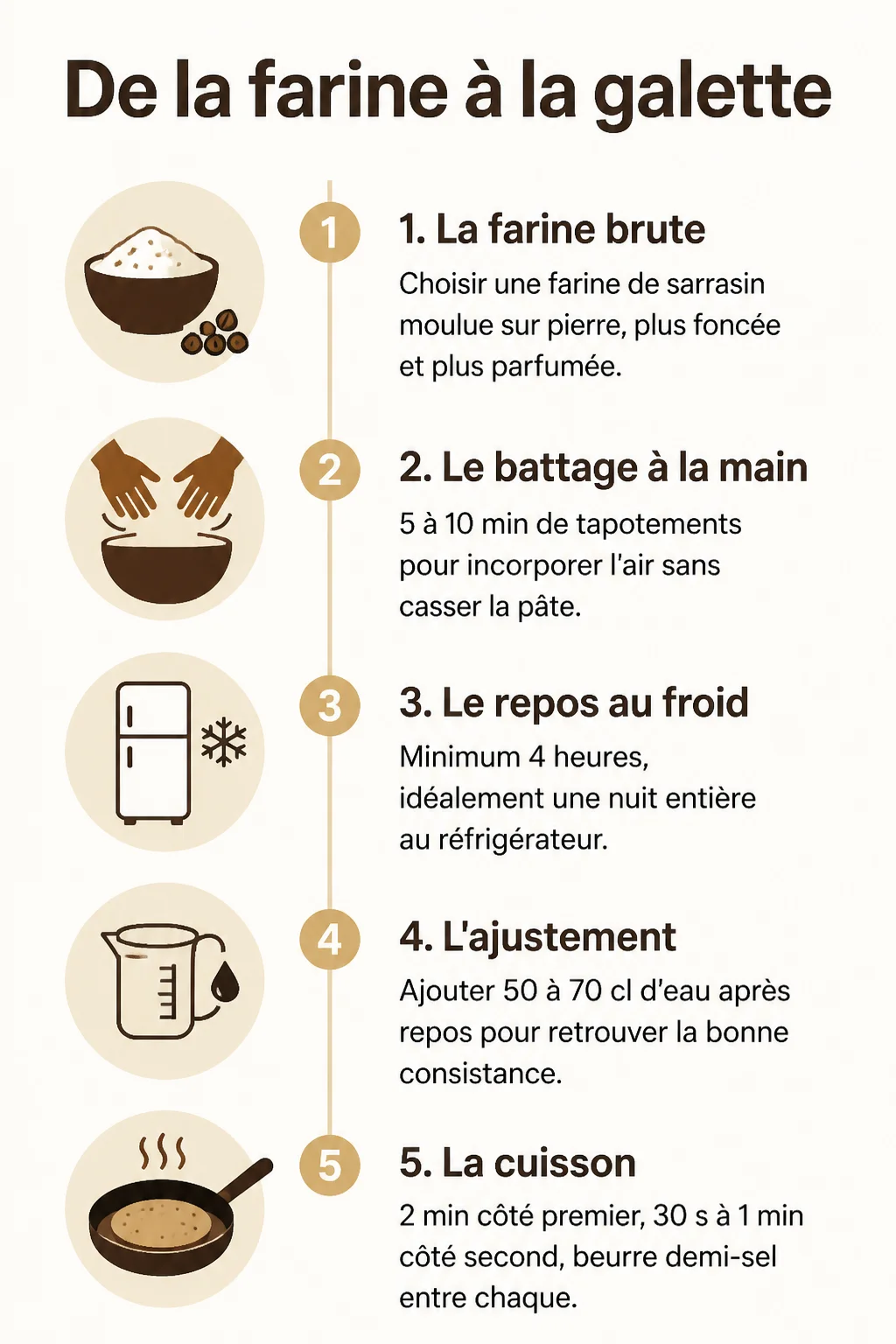 De la farine à la galette : 1. La farine brute, 2. Le battage à la main, 3. Le repos au froid, 4. L'ajustement, 5. La cuisson