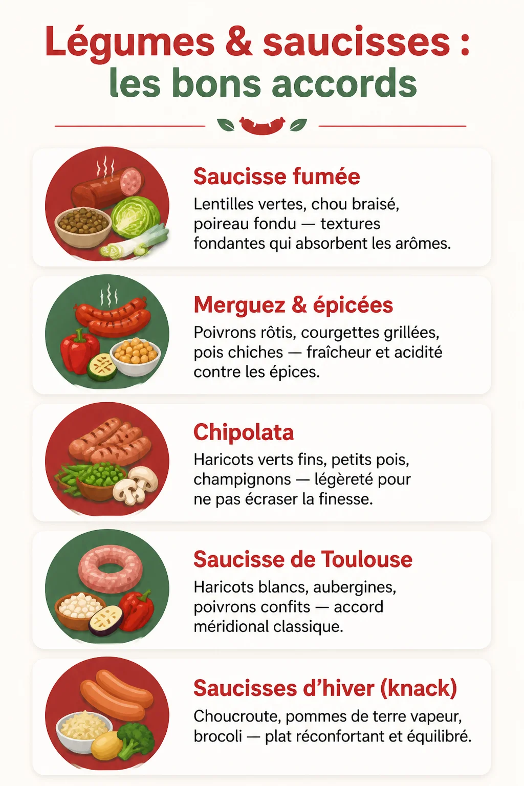 Légumes & saucisses : les bons accords : Saucisse fumée, Merguez & épicées, Chipolata, Saucisse de Toulouse, Saucisses d'hiver (knack)
