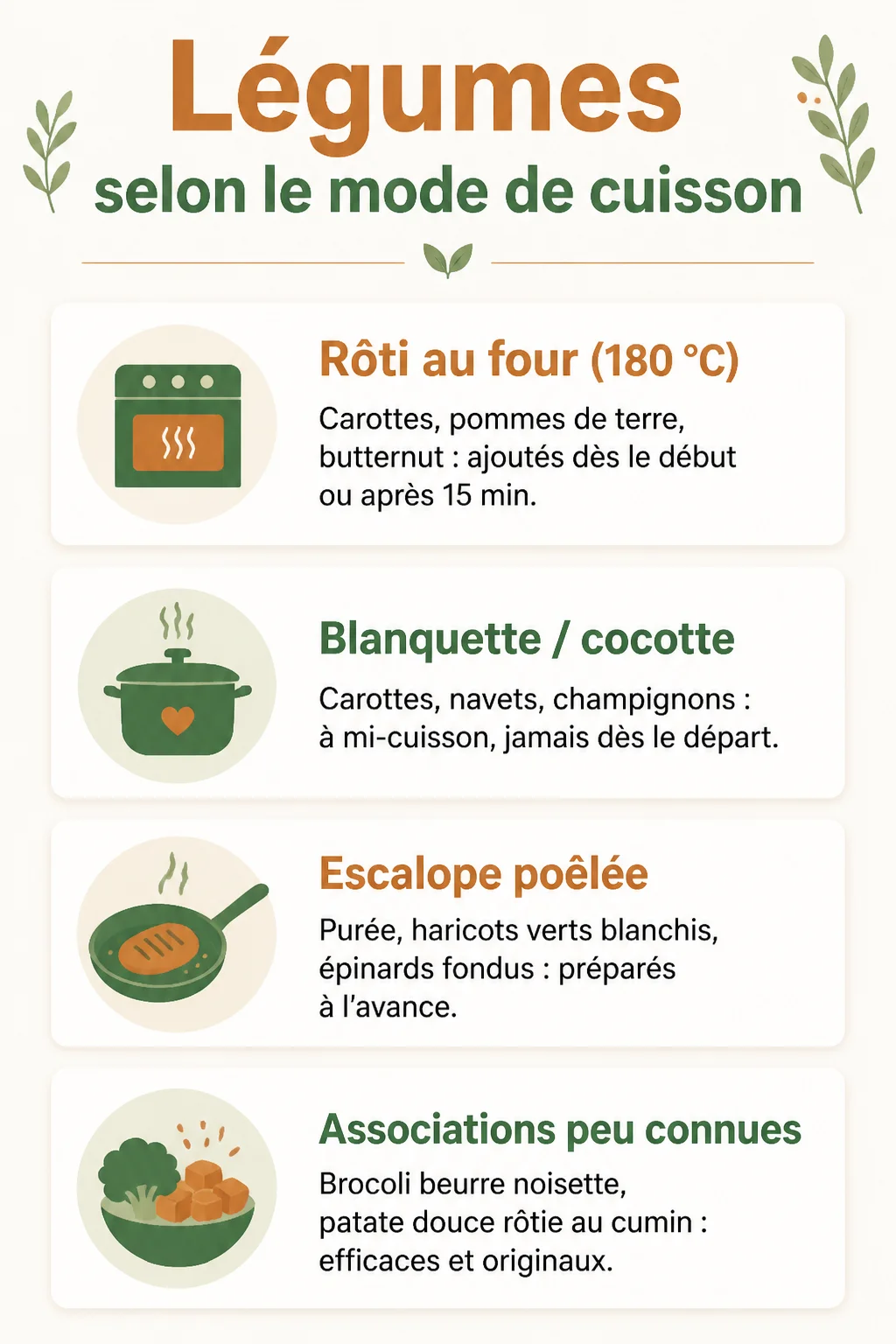Légumes selon le mode de cuisson : Rôti au four (180 °C), Blanquette / cocotte, Escalope poêlée, Associations peu connues