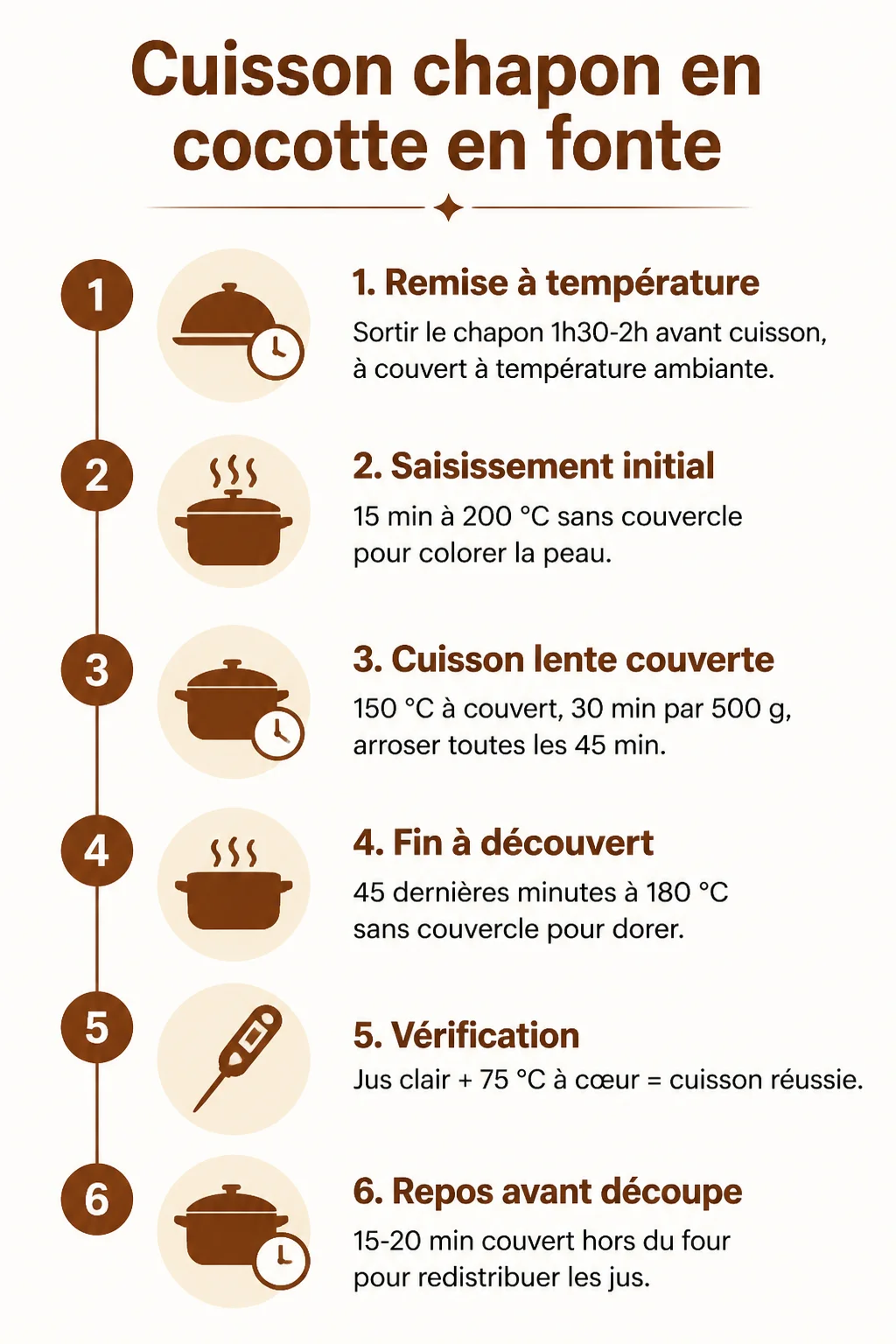 Cuisson chapon en cocotte en fonte : 1. Remise à température, 2. Saisissement initial, 3. Cuisson lente couverte, 4. Fin à découvert, 5. Vérification, 6. Repos avant découpe