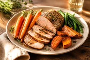 Assiette de veau rôti accompagné de carottes glacées, haricots verts et patate douce rôtie sur table en bois