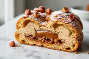Paris-Brest revisité individuel coupé en deux, révélant la crème pralinée et l'insert caramel, sur marbre blanc