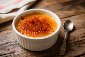 Crème brûlée maison dans un ramequin blanc avec croûte caramélisée dorée et cuillère en argent