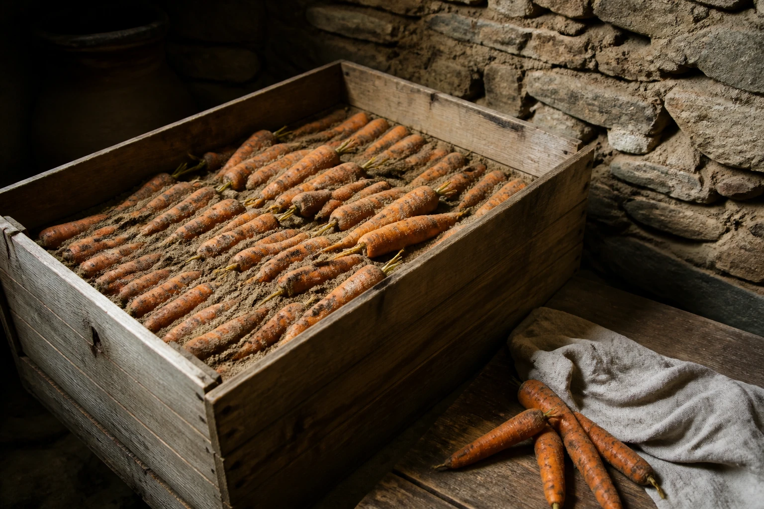 Carottes fraîches conservées en couches de sable dans une caisse en bois, dans une cave rustique