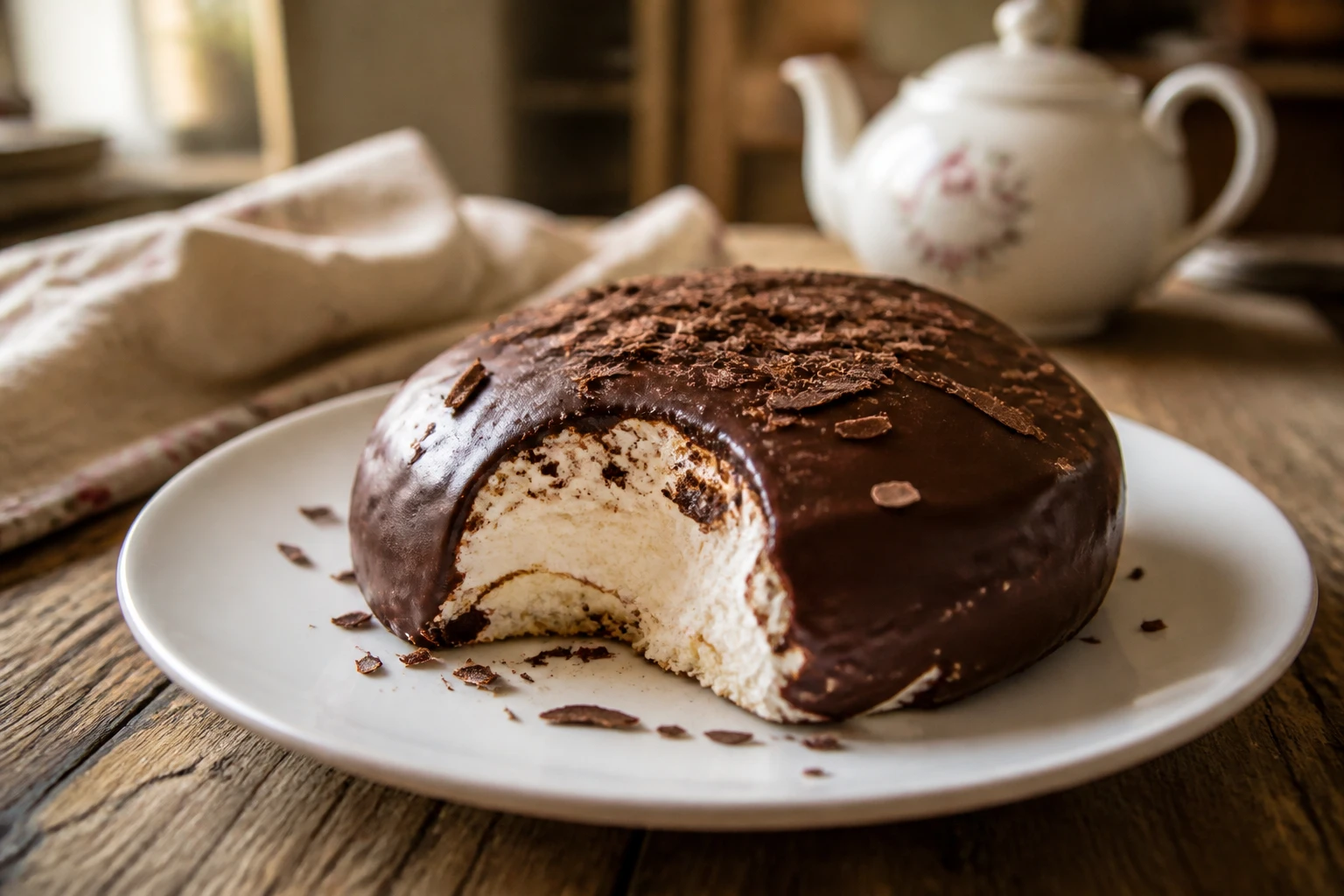 Pâtisserie ronde au chocolat meringuée, nouvelle version du gâteau tête de nègre, sur assiette blanche
