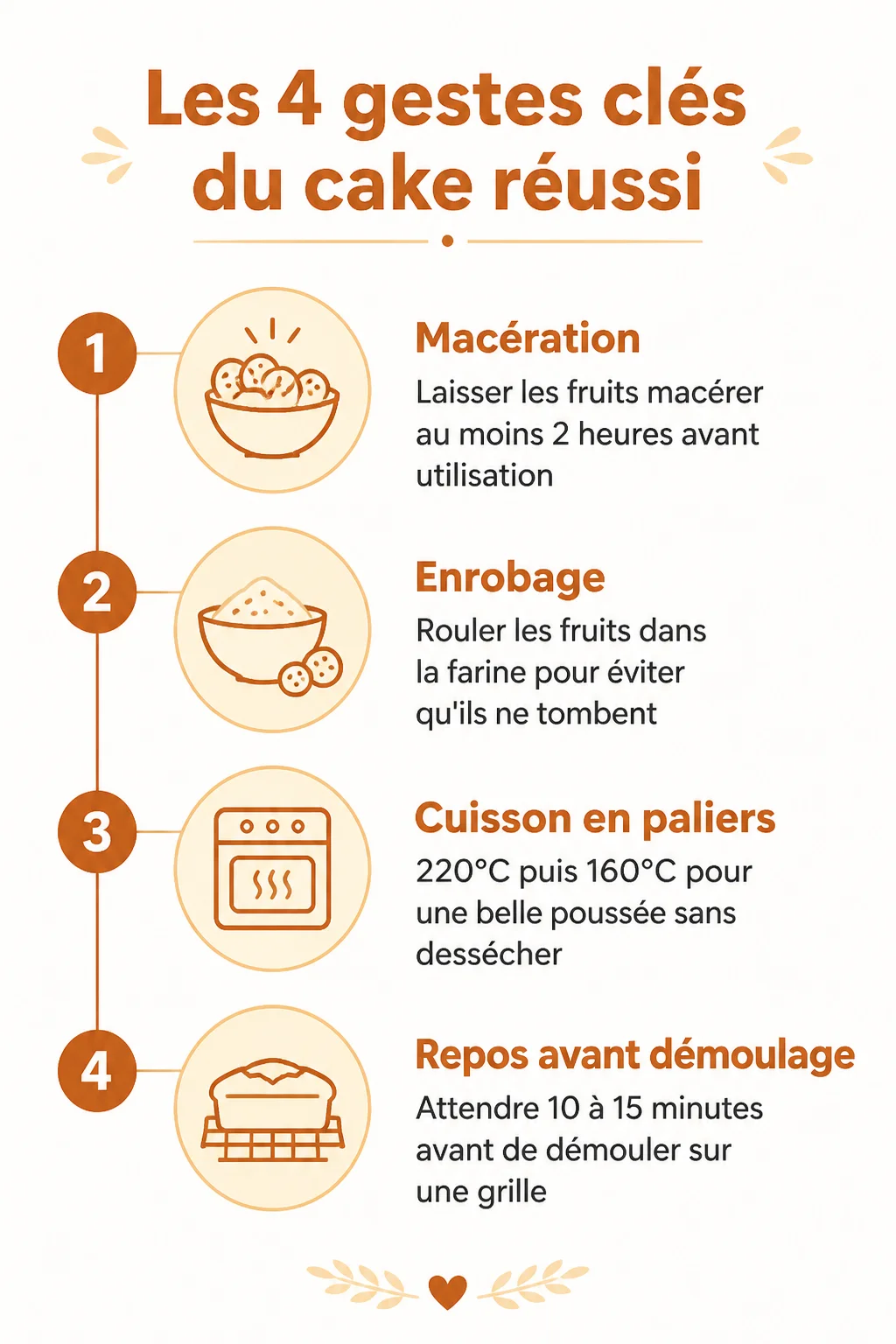 Les 4 gestes clés du cake réussi : 1. Macération, 2. Enrobage, 3. Cuisson en paliers, 4. Repos avant démoulage