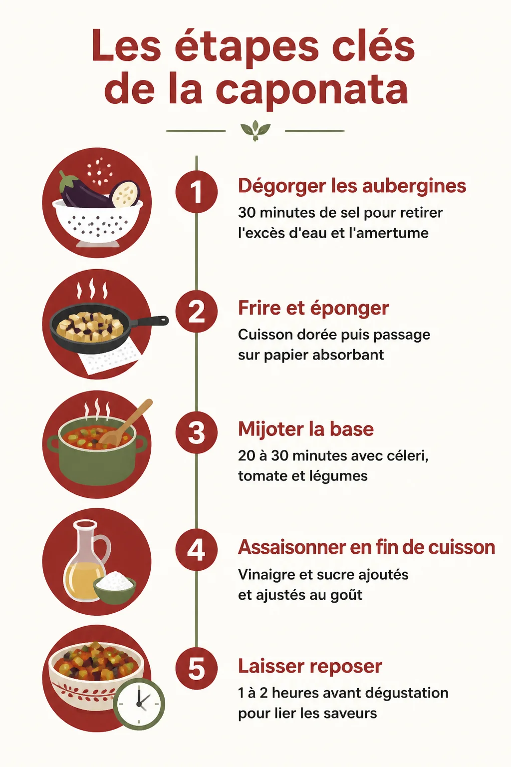 Les étapes clés de la caponata : 1. Dégorger les aubergines, 2. Frire et éponger, 3. Mijoter la base, 4. Assaisonner en fin de cuisson, 5. Laisser reposer