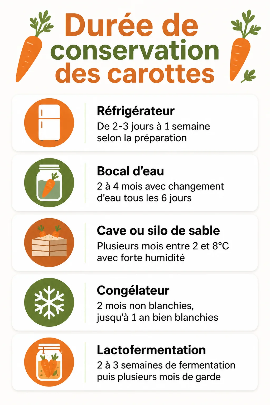 Durée de conservation des carottes : Réfrigérateur, Bocal d'eau, Cave ou silo de sable, Congélateur, Lactofermentation