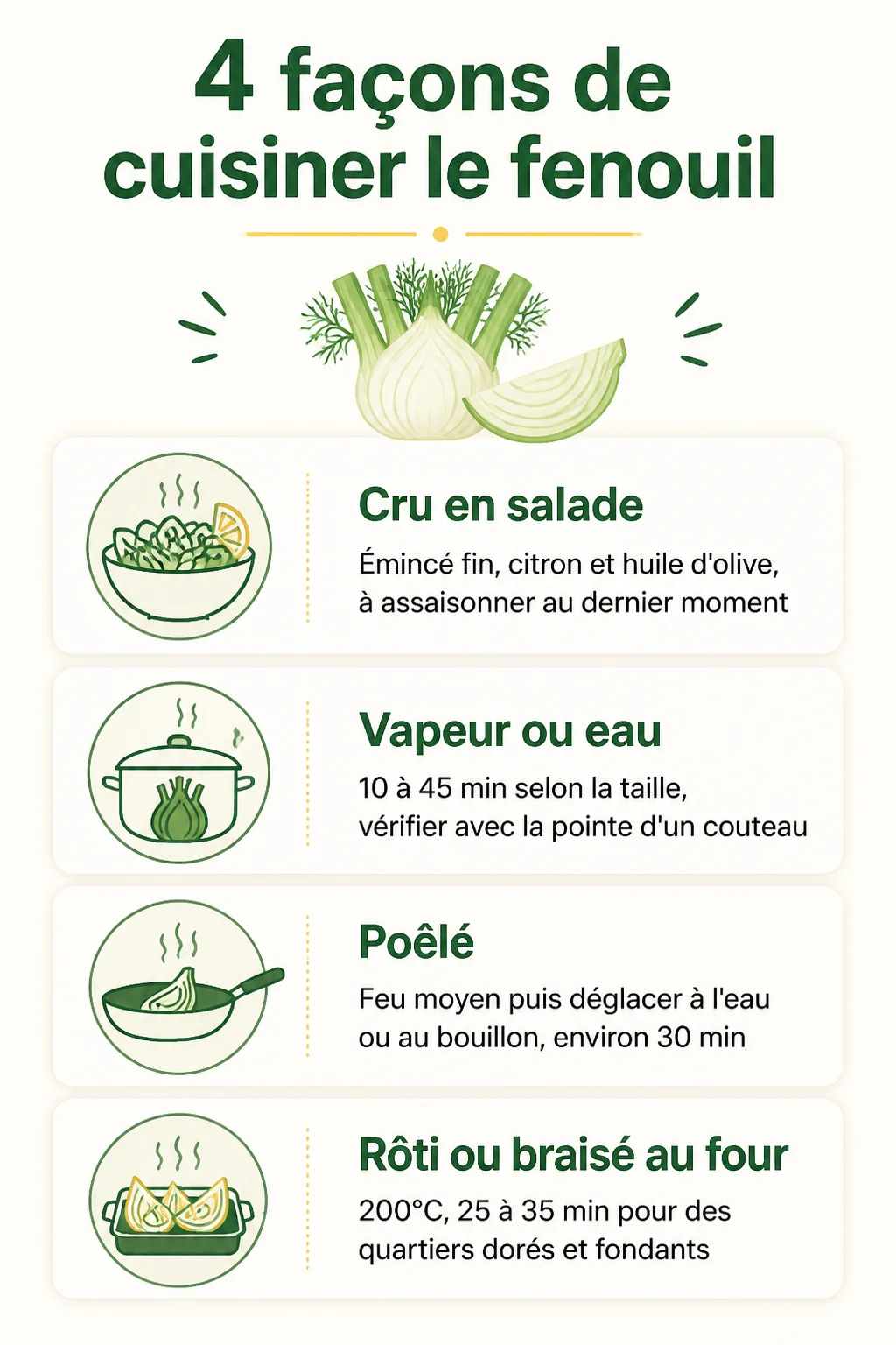 4 façons de cuisiner le fenouil : Cru en salade, Vapeur ou eau, Poêlé, Rôti ou braisé au four