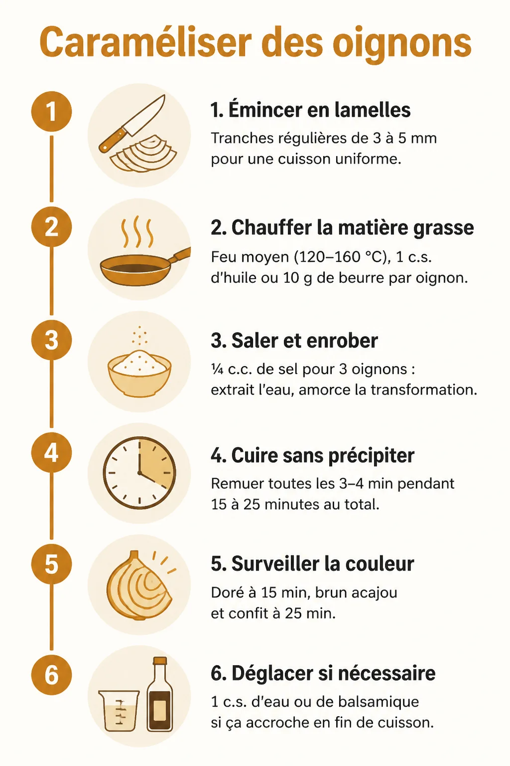 Caraméliser des oignons : 1. Émincer en lamelles, 2. Chauffer la matière grasse, 3. Saler et enrober, 4. Cuire sans précipiter, 5. Surveiller la couleur, 6. Déglacer si nécessaire