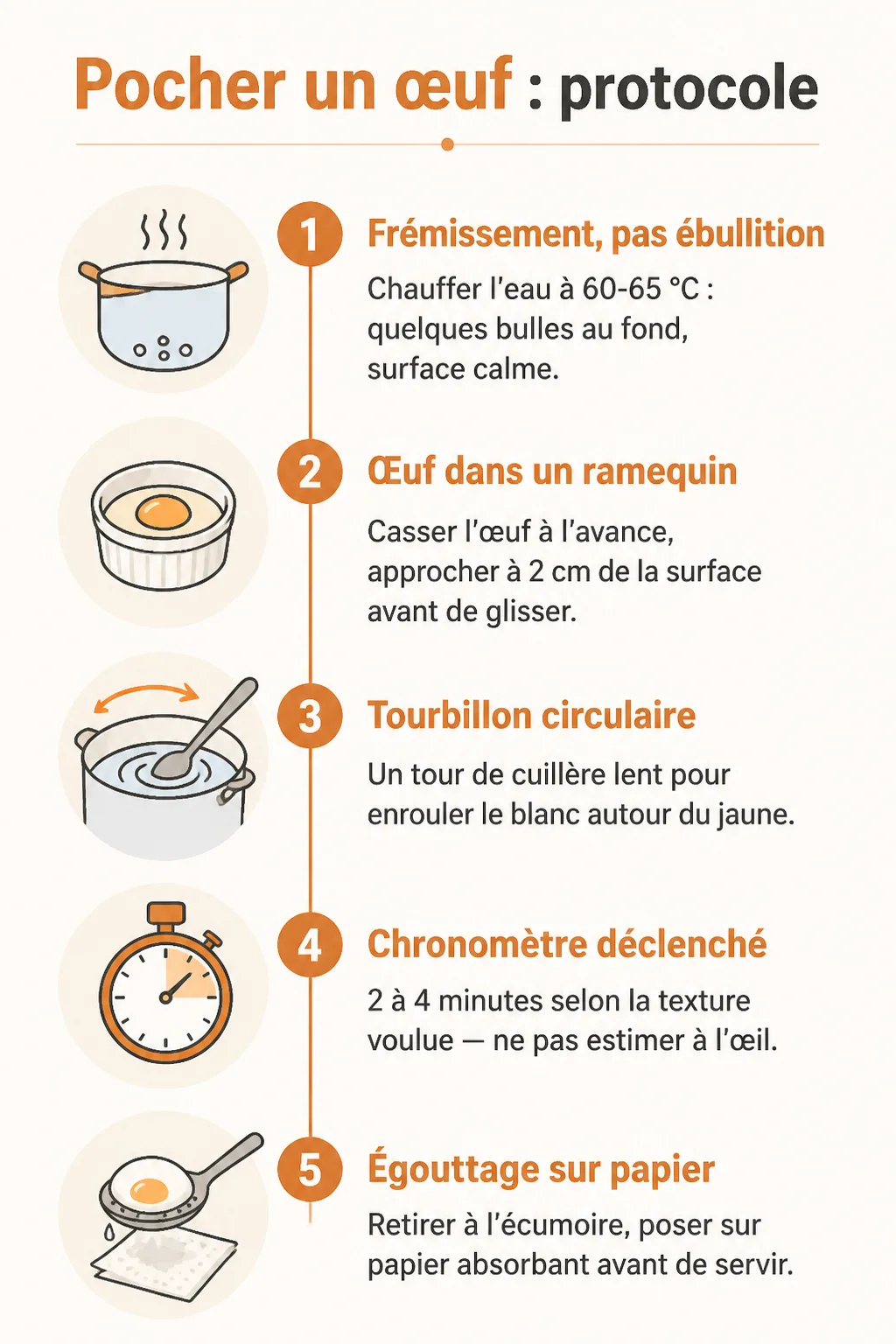 Pocher un œuf : protocole : 1. Frémissement, pas ébullition, 2. Œuf dans un ramequin, 3. Tourbillon circulaire, 4. Chronomètre déclenché, 5. Égouttage sur papier