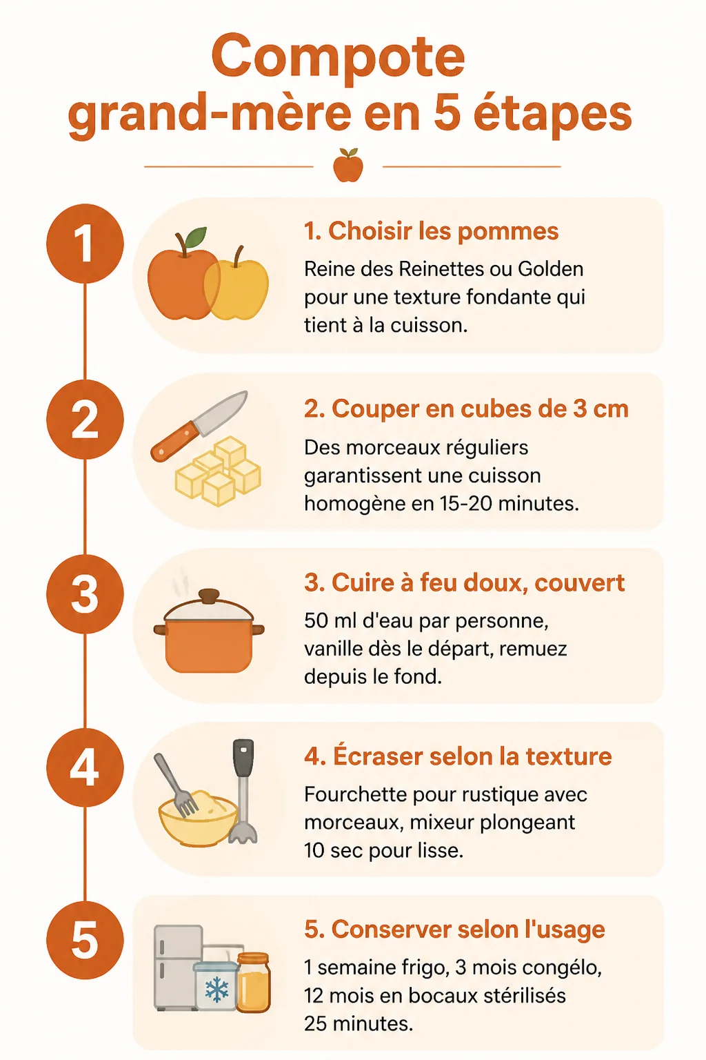 Compote grand-mère en 5 étapes : 1. Choisir les pommes, 2. Couper en cubes de 3 cm, 3. Cuire à feu doux, couvert, 4. Écraser selon la texture, 5. Conserver selon l'usage