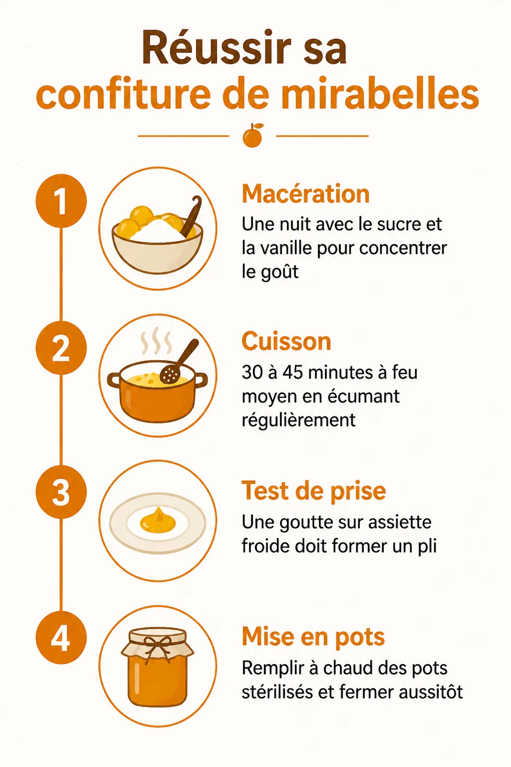 Réussir sa confiture de mirabelles : 1. Macération, 2. Cuisson, 3. Test de prise, 4. Mise en pots
