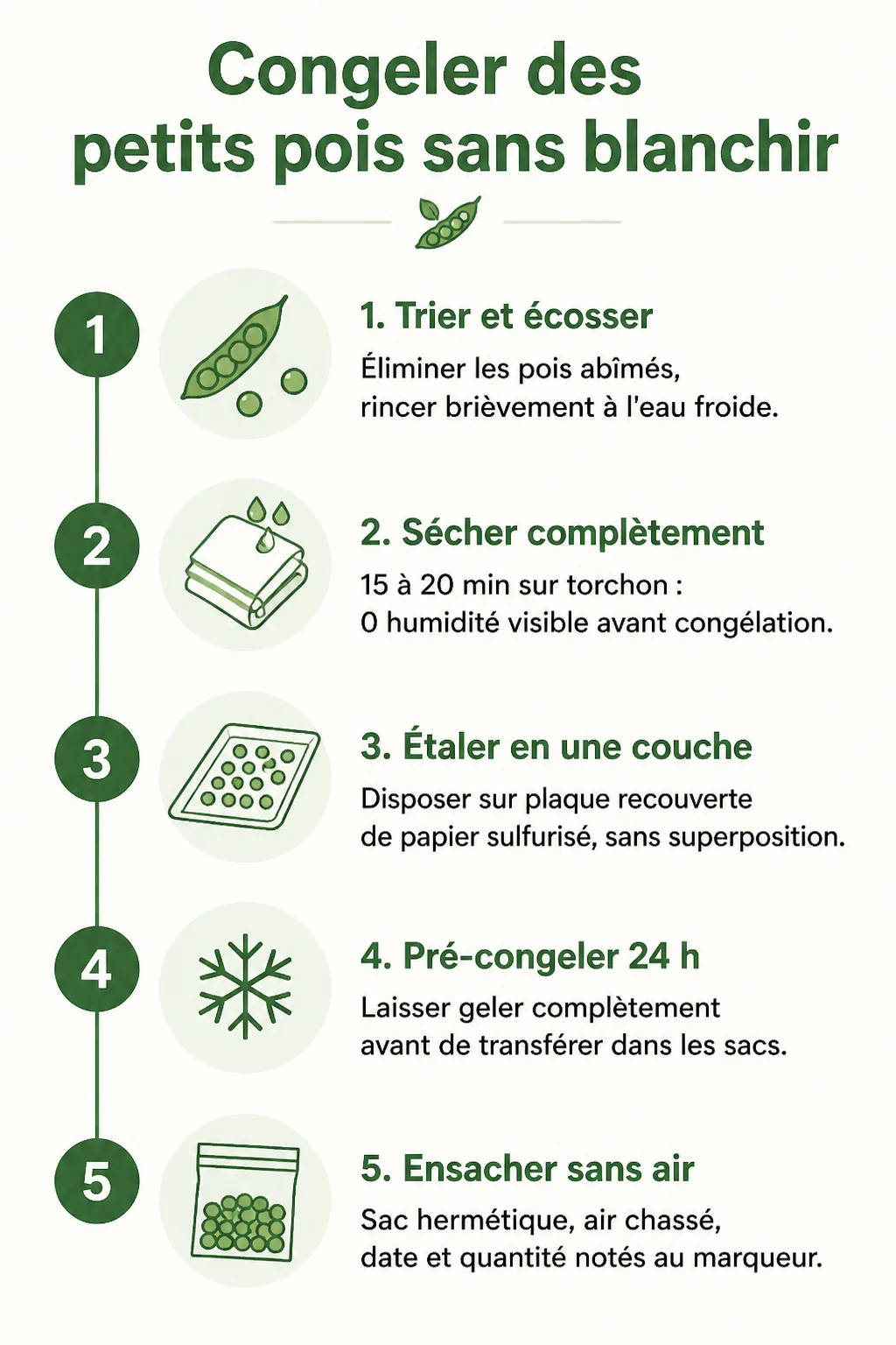 Congeler des petits pois sans blanchir : 1. Trier et écosser, 2. Sécher complètement, 3. Étaler en une couche, 4. Pré-congeler 24 h, 5. Ensacher sans air