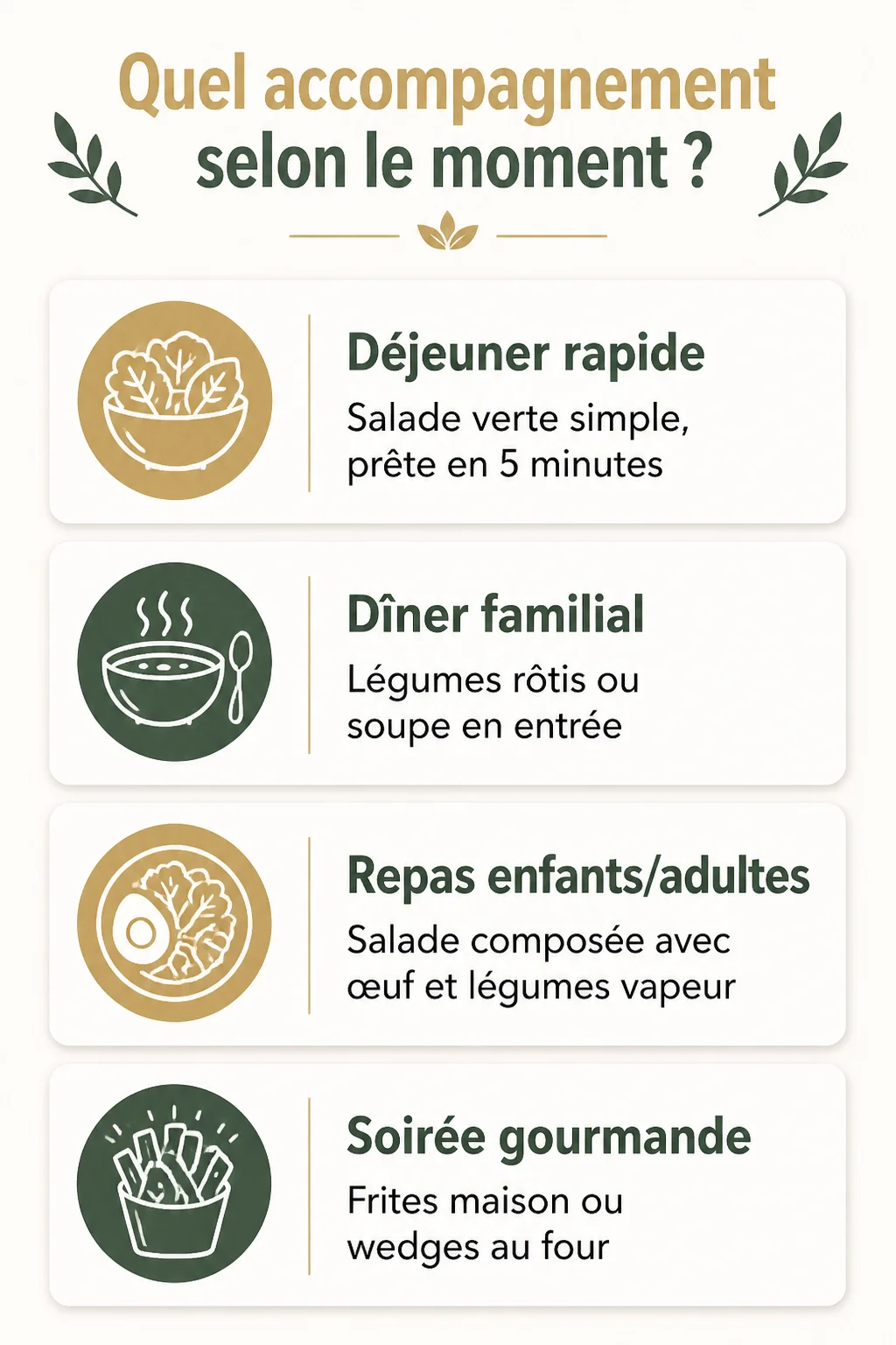 Quel accompagnement selon le moment ? : Déjeuner rapide, Dîner familial, Repas enfants/adultes, Soirée gourmande