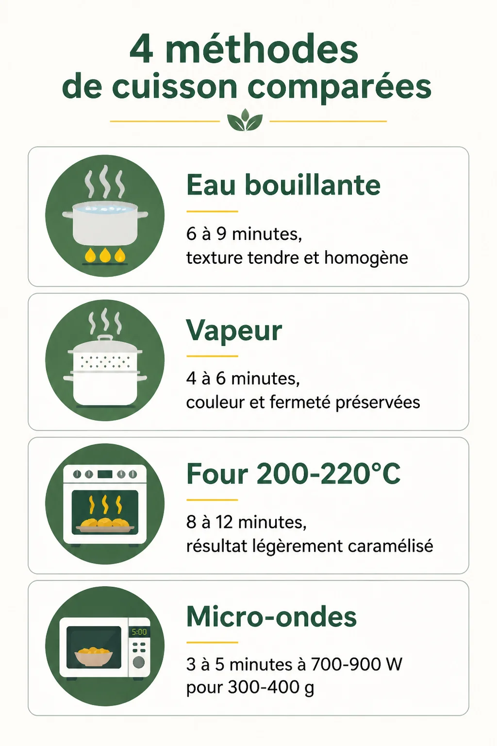 4 méthodes de cuisson comparées : Eau bouillante, Vapeur, Four 200-220°C, Micro-ondes