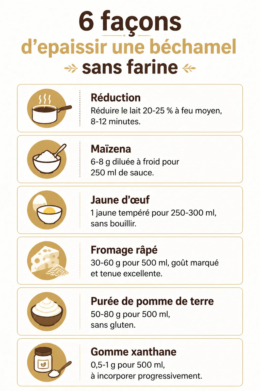 6 façons d'épaissir une béchamel sans farine : Réduction, Maïzena, Jaune d'œuf, Fromage râpé, Purée de pomme de terre, Gomme xanthane