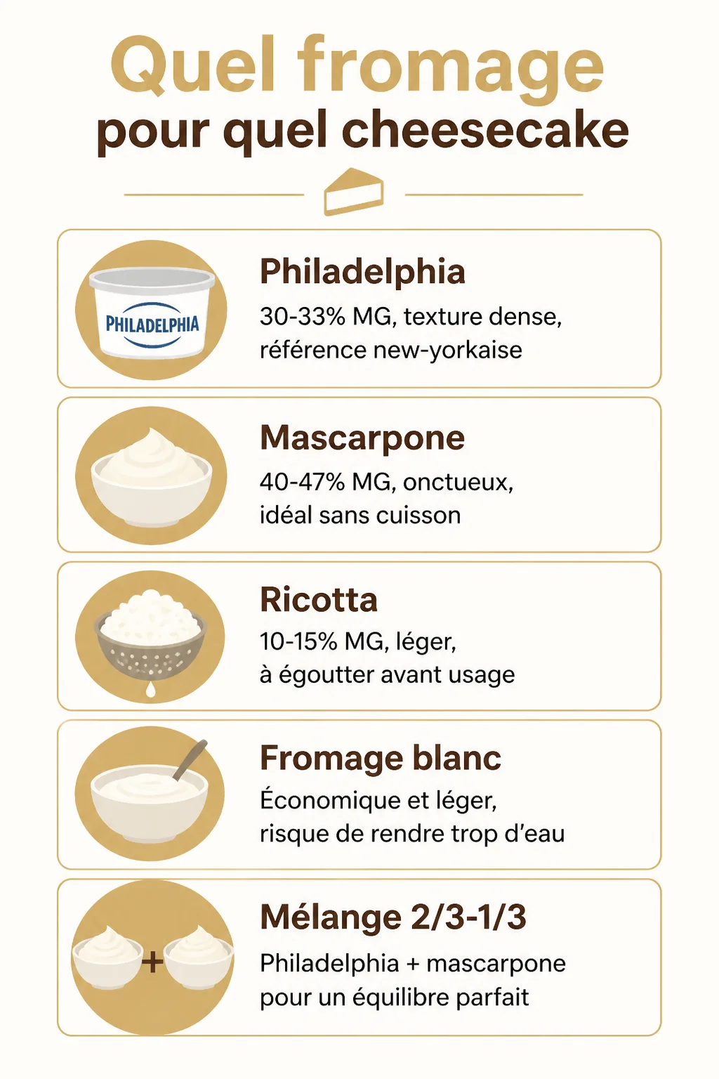 Quel fromage pour quel cheesecake : Philadelphia, Mascarpone, Ricotta, Fromage blanc, Mélange 2/3-1/3