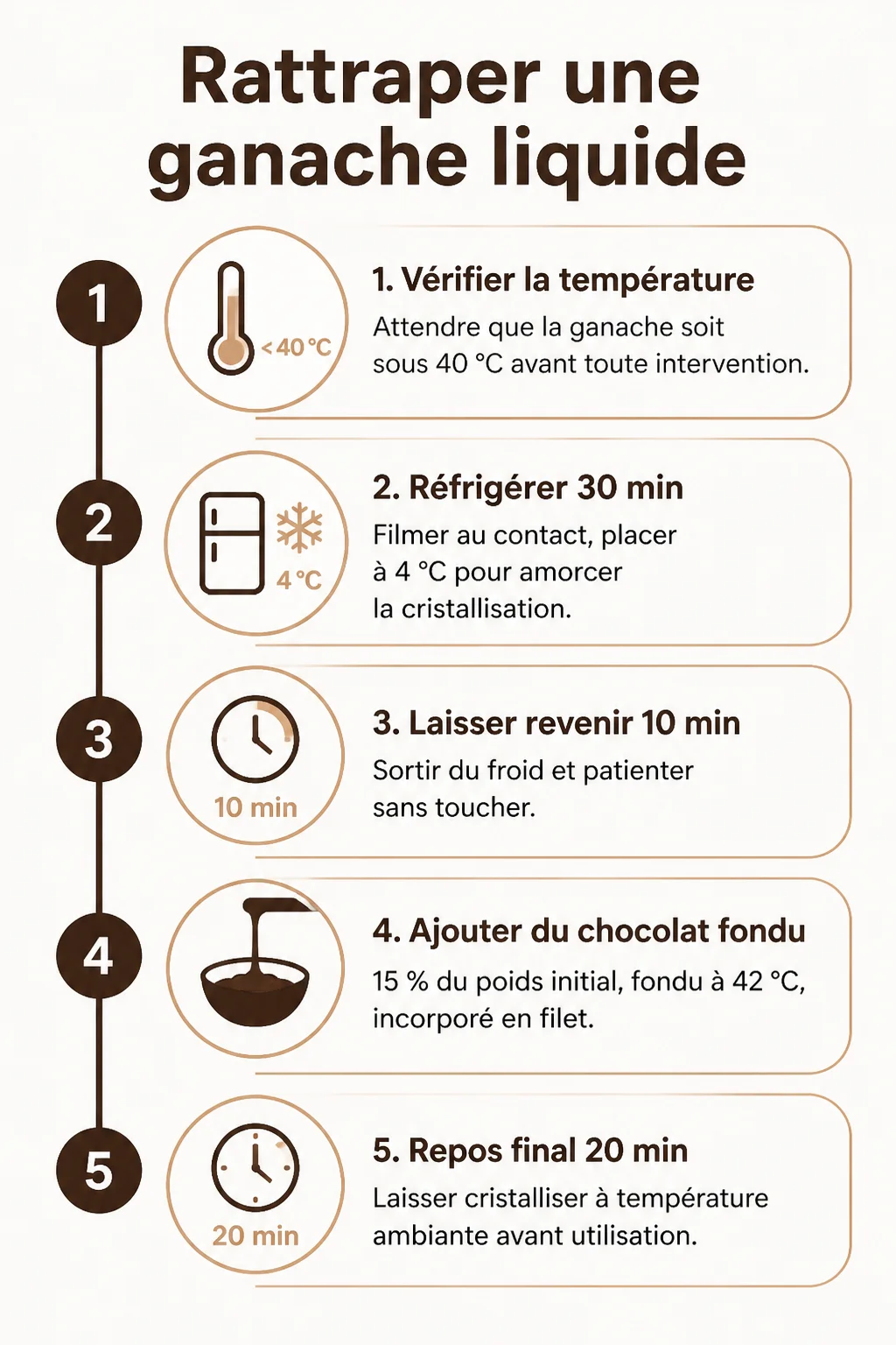 Rattraper une ganache liquide : 1. 1. Vérifier la température, 2. 2. Réfrigérer 30 min, 3. 3. Laisser revenir 10 min, 4. 4. Ajouter du chocolat fondu, 5. 5. Repos final 20 min