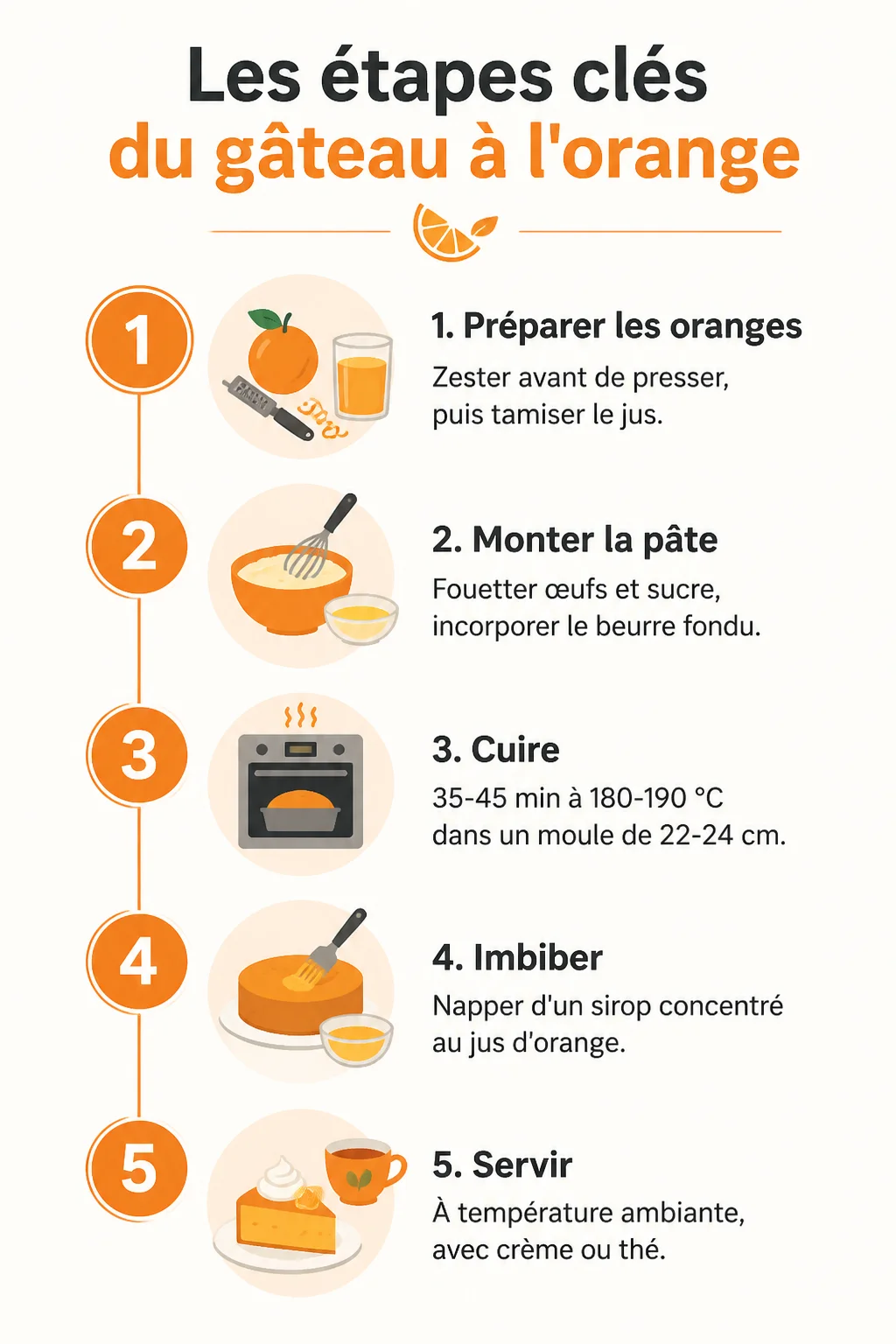 Les étapes clés du gâteau à l'orange : 1. Préparer les oranges, 2. Monter la pâte, 3. Cuire, 4. Imbiber, 5. Servir
