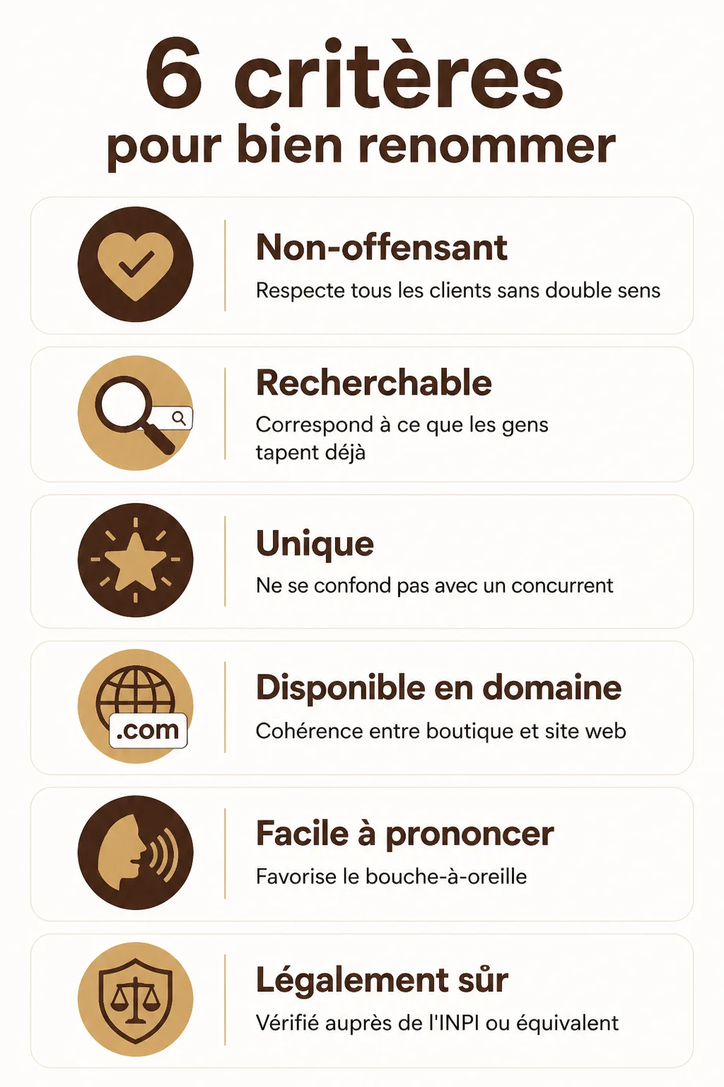 6 critères pour bien renommer : Non-offensant, Recherchable, Unique, Disponible en domaine, Facile à prononcer, Légalement sûr