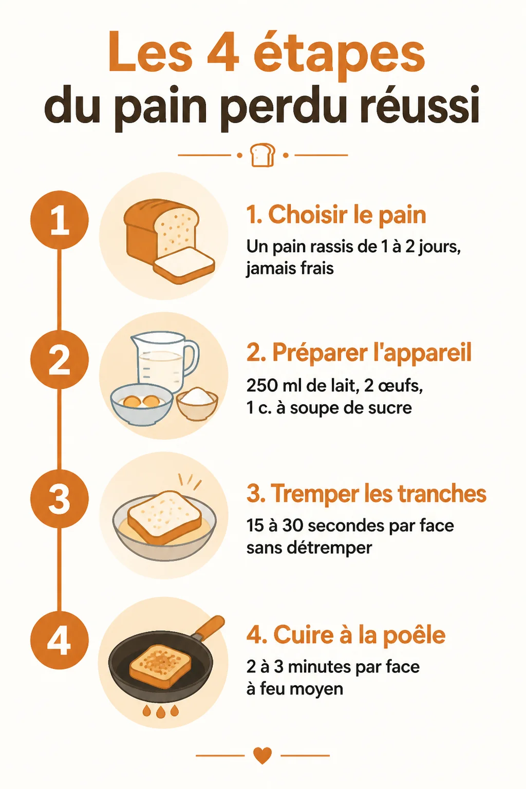 Les 4 étapes du pain perdu réussi : 1. Choisir le pain, 2. Préparer l'appareil, 3. Tremper les tranches, 4. Cuire à la poêle