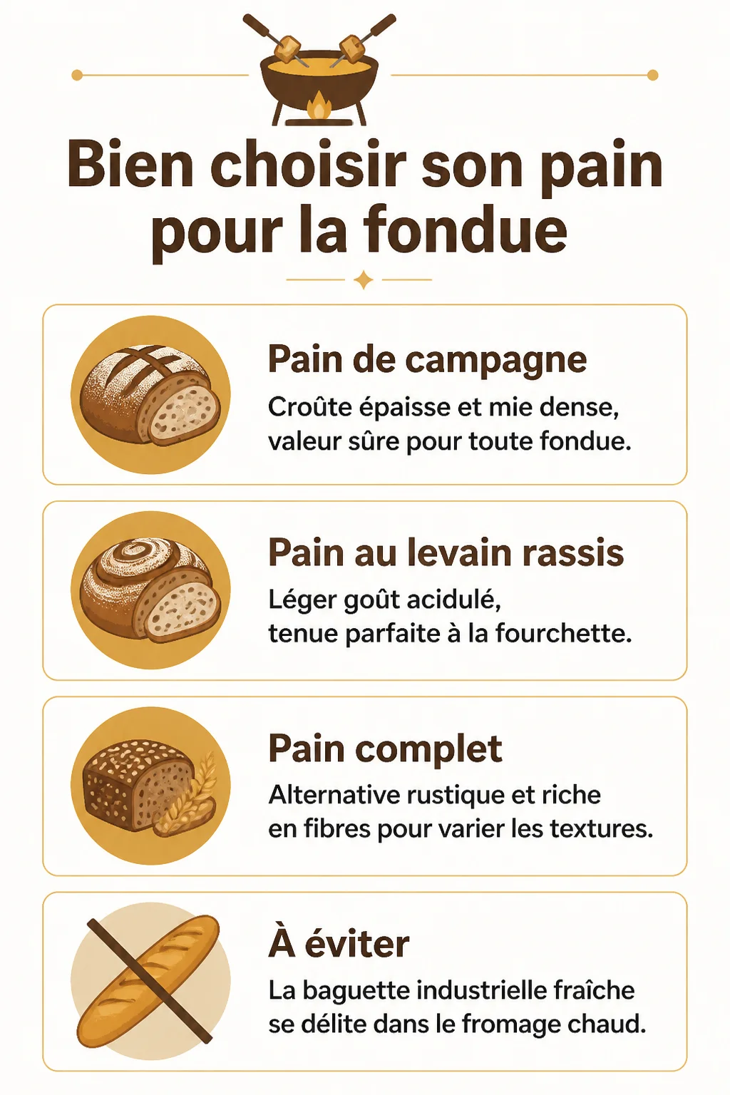 Bien choisir son pain pour la fondue : Pain de campagne, Pain au levain rassis, Pain complet, À éviter