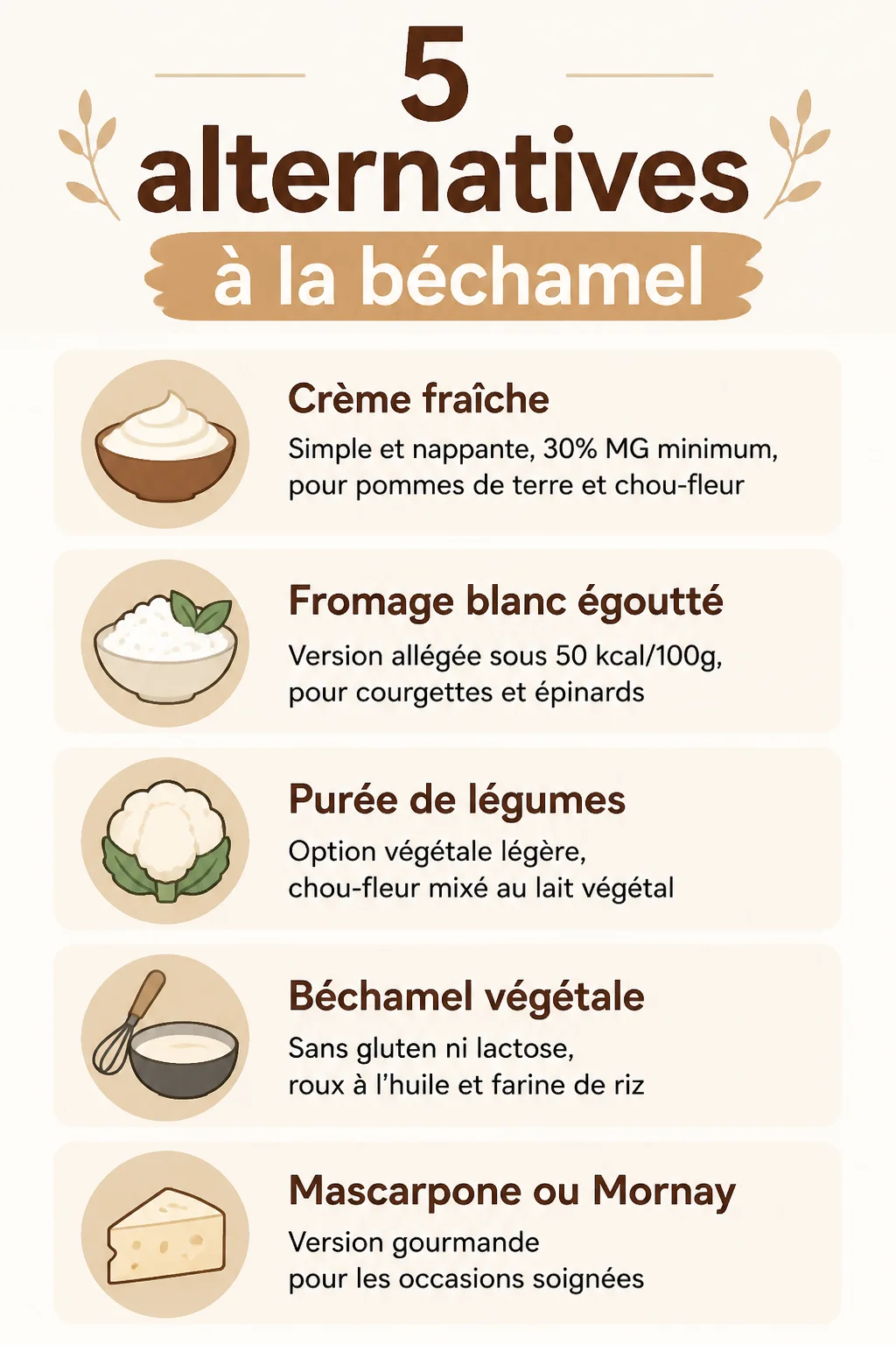 5 alternatives à la béchamel : Crème fraîche, Fromage blanc égoutté, Purée de légumes, Béchamel végétale, Mascarpone ou Mornay