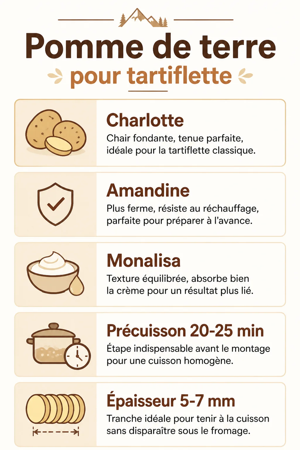 Pomme de terre pour tartiflette : Charlotte, Amandine, Monalisa, Précuisson 20-25 min, Épaisseur 5-7 mm