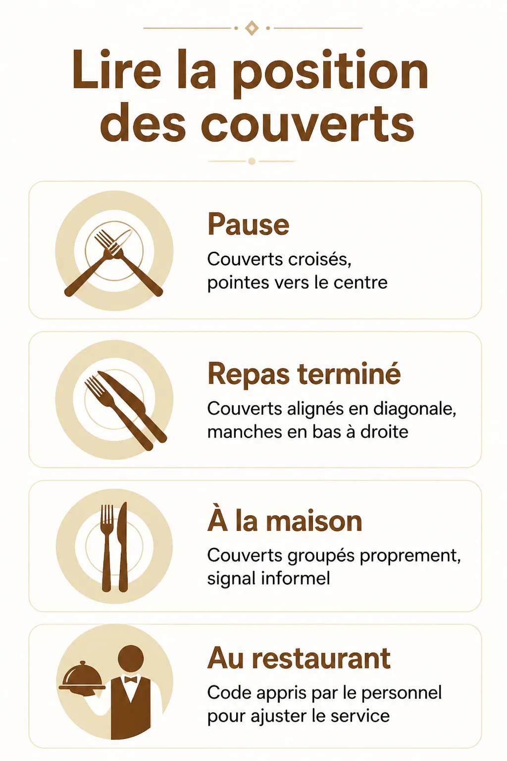 Lire la position des couverts : Pause, Repas terminé, À la maison, Au restaurant
