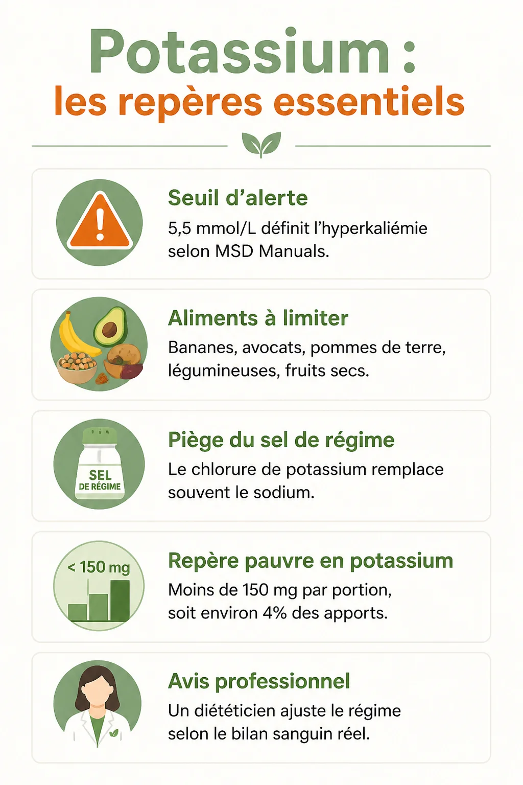 Potassium : les repères essentiels : Seuil d'alerte, Aliments à limiter, Piège du sel de régime, Repère pauvre en potassium, Avis professionnel