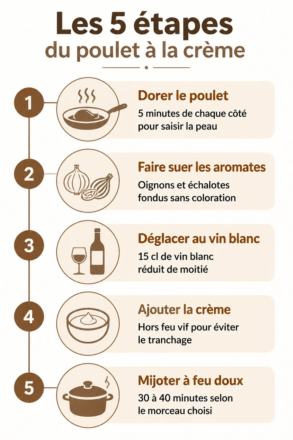 Les 5 étapes du poulet à la crème : 1. Dorer le poulet, 2. Faire suer les aromates, 3. Déglacer au vin blanc, 4. Ajouter la crème, 5. Mijoter à feu doux