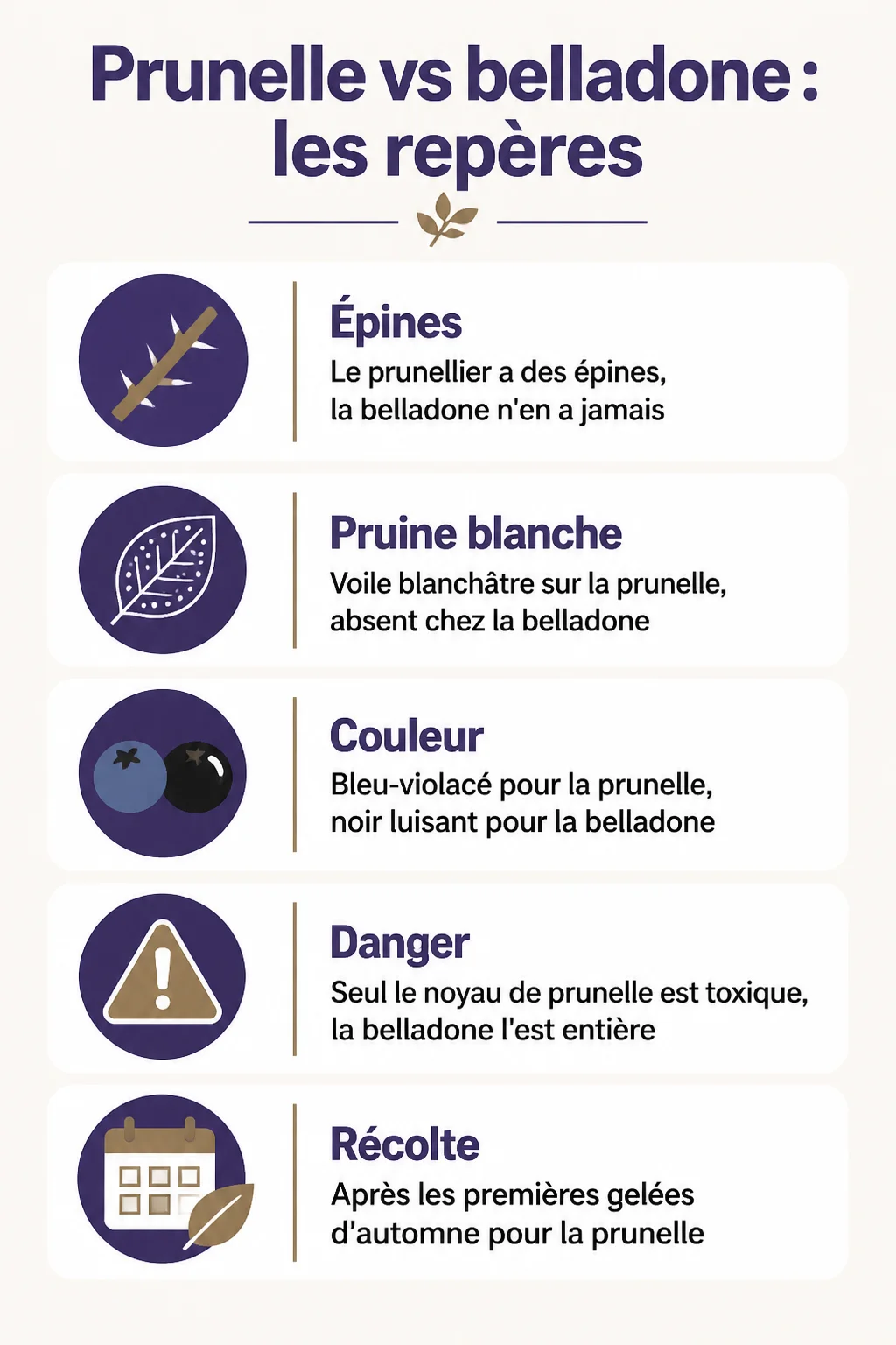 Prunelle vs belladone : les repères : Épines, Pruine blanche, Couleur, Danger, Récolte