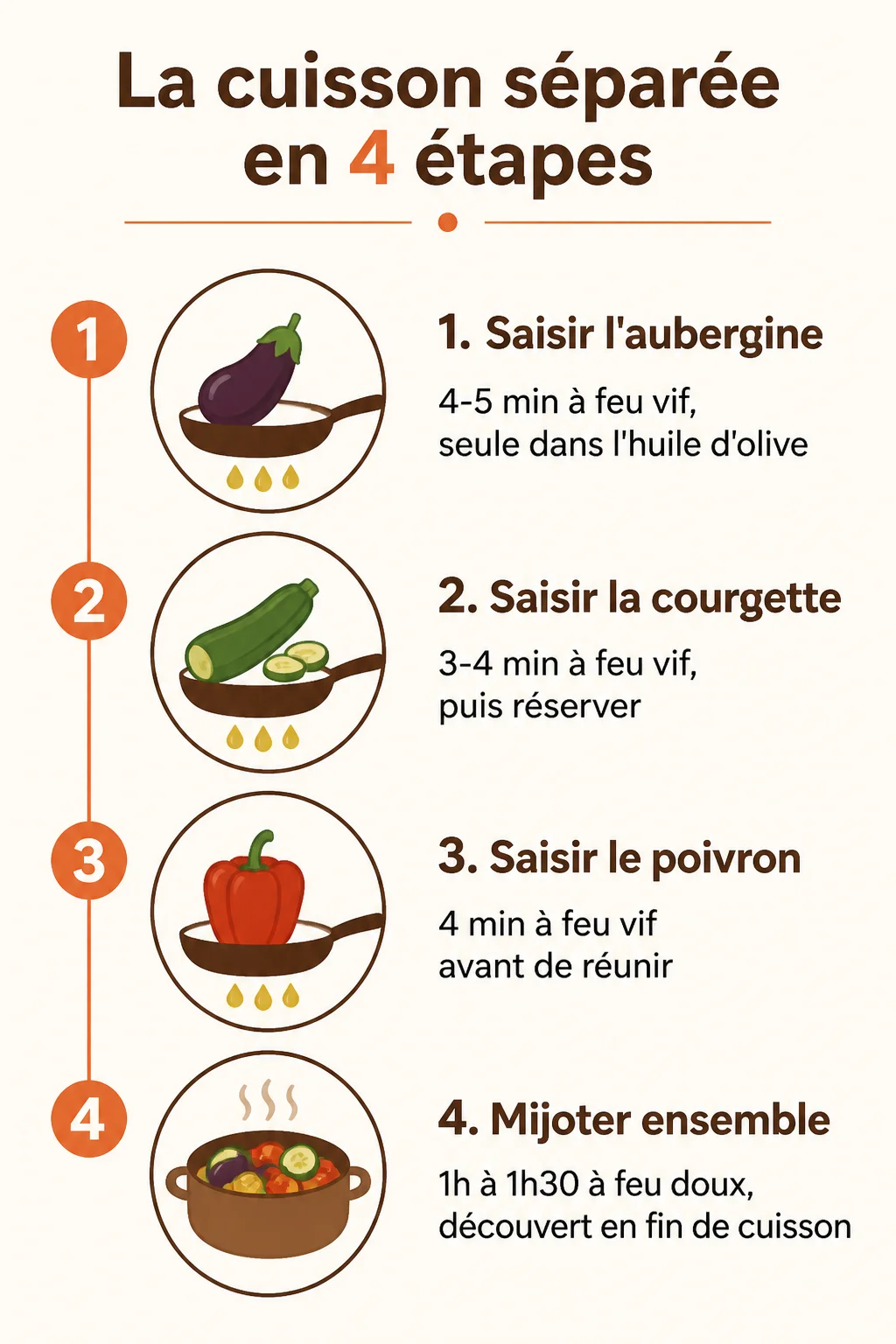 La cuisson séparée en 4 étapes : 1. Saisir l'aubergine, 2. Saisir la courgette, 3. Saisir le poivron, 4. Mijoter ensemble