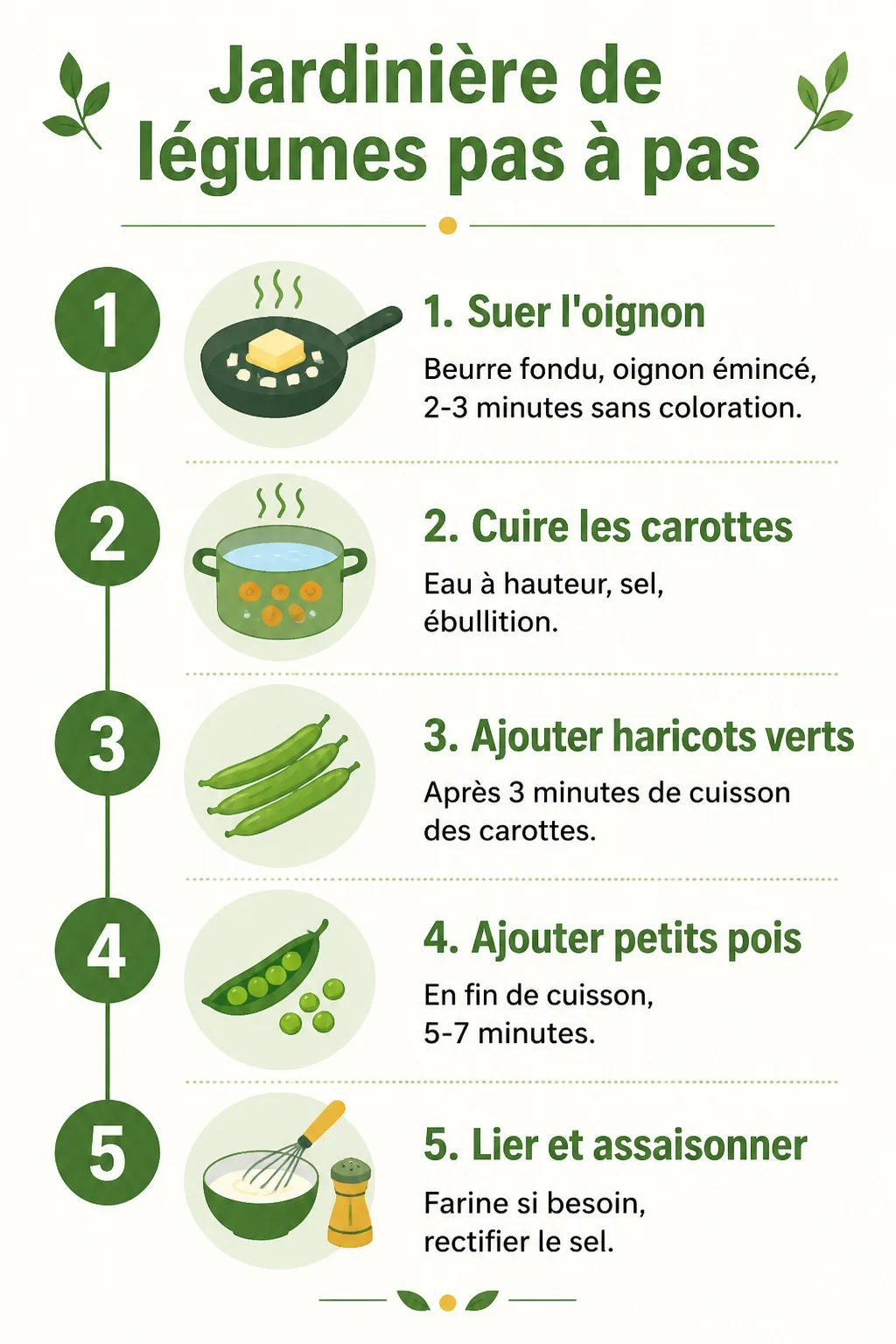 Jardinière de légumes pas à pas : 1. Suer l'oignon, 2. Cuire les carottes, 3. Ajouter haricots verts, 4. Ajouter petits pois, 5. Lier et assaisonner