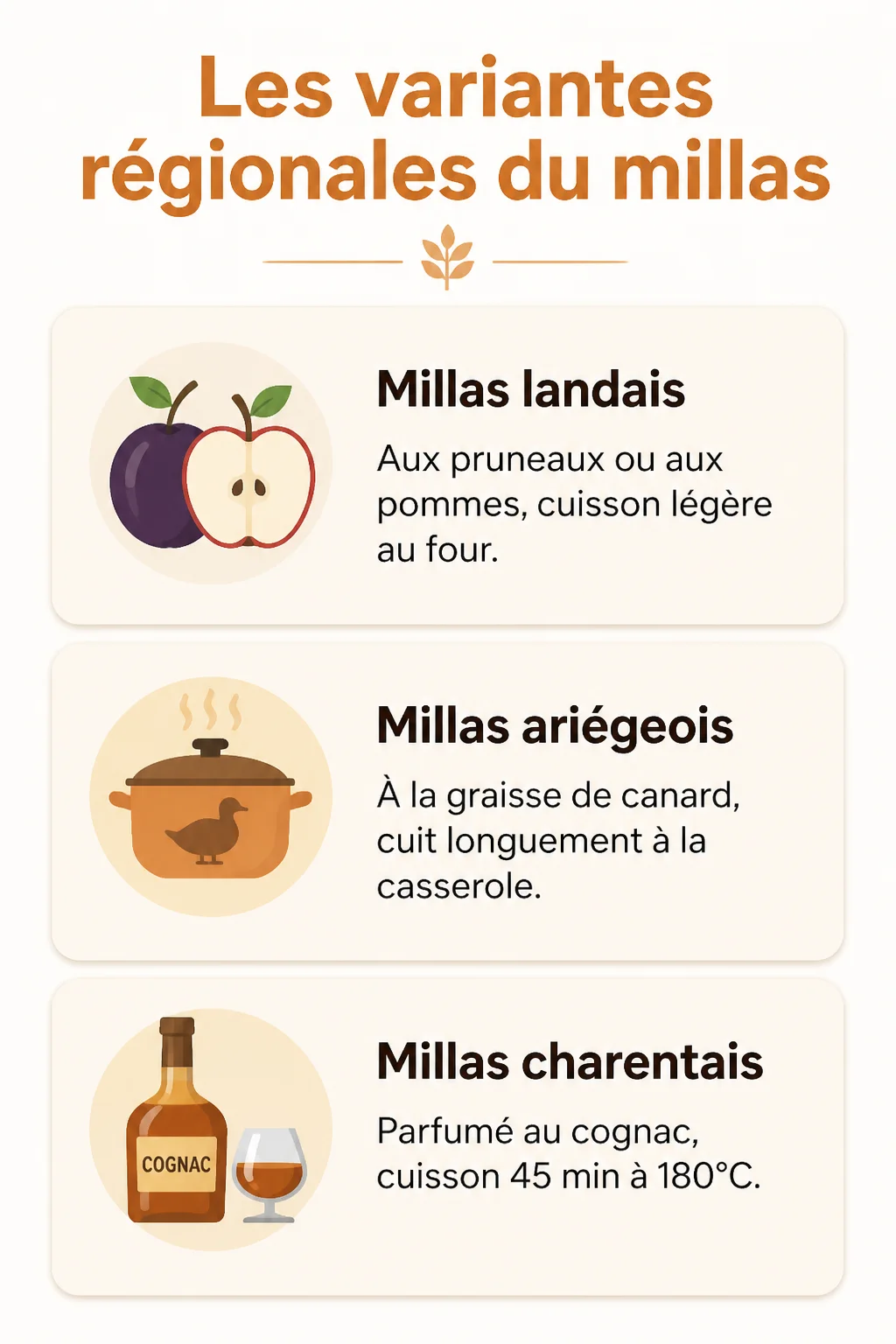 Les variantes régionales du millas : Millas landais, Millas ariégeois, Millas charentais