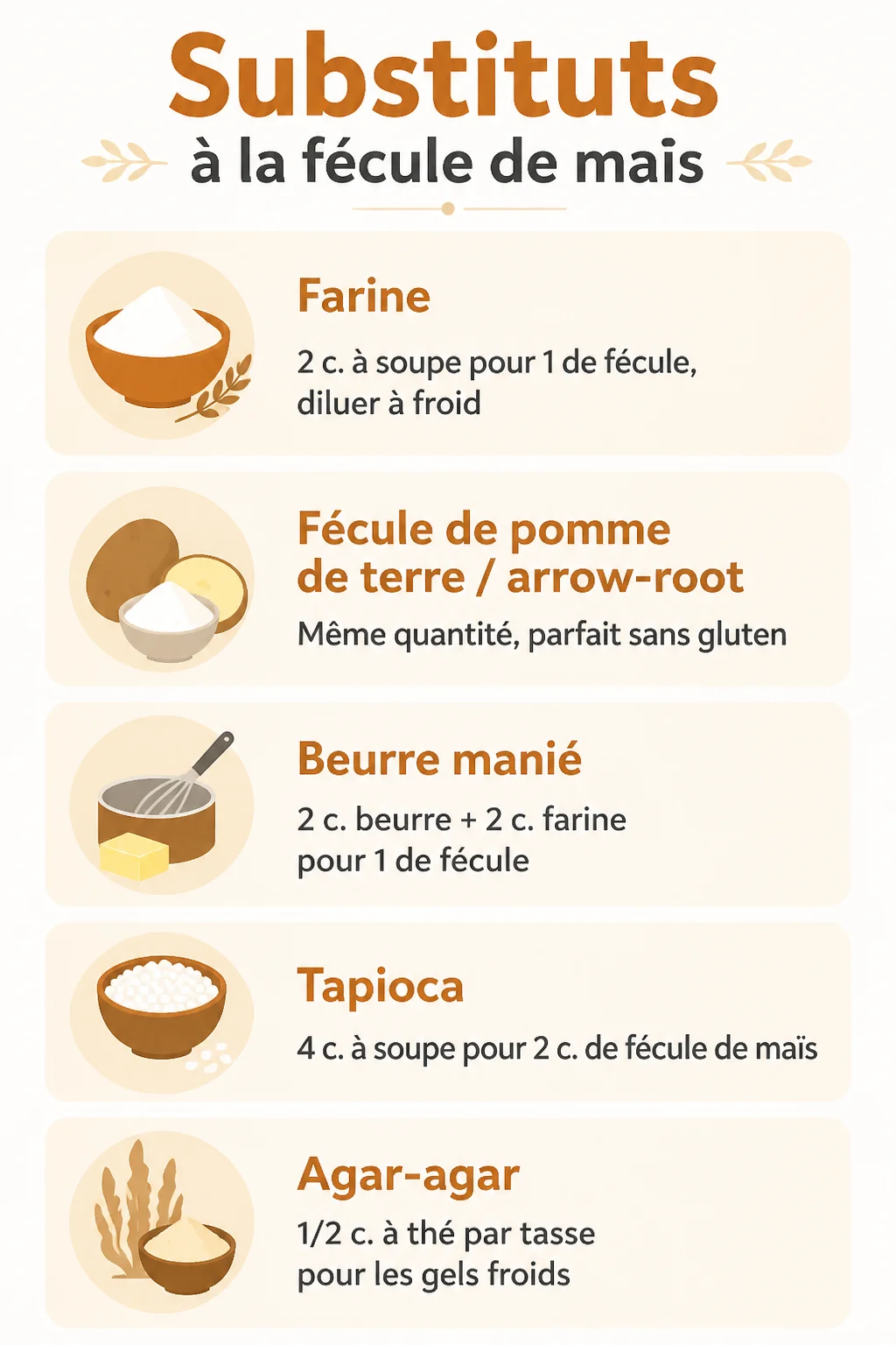 Substituts à la fécule de maïs : Farine, Fécule de pomme de terre / arrow-root, Beurre manié, Tapioca, Agar-agar