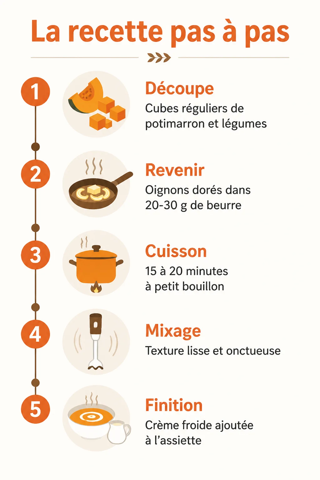 La recette pas à pas : 1. Découpe, 2. Revenir, 3. Cuisson, 4. Mixage, 5. Finition