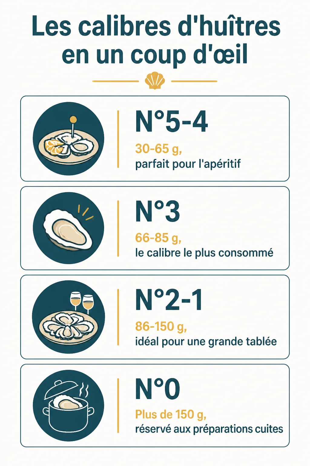 Les calibres d'huîtres en un coup d'œil : N°5-4, N°3, N°2-1, N°0
