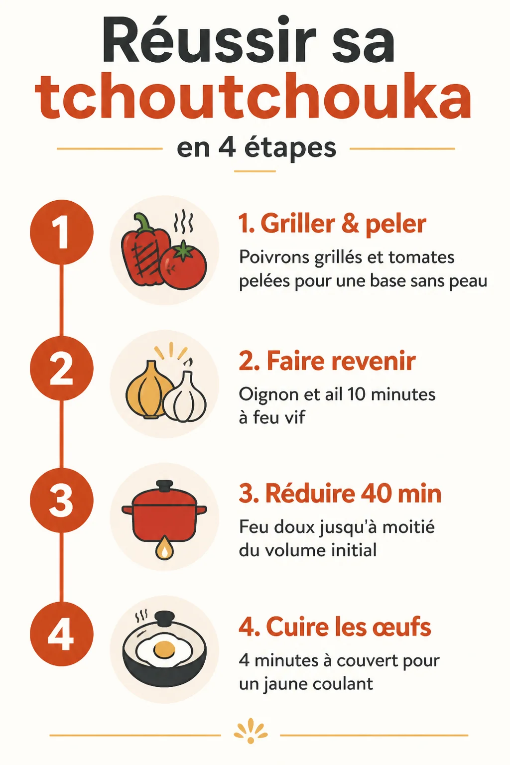 Réussir sa tchoutchouka en 4 étapes : 1. Griller & peler, 2. Faire revenir, 3. Réduire 40 min, 4. Cuire les œufs