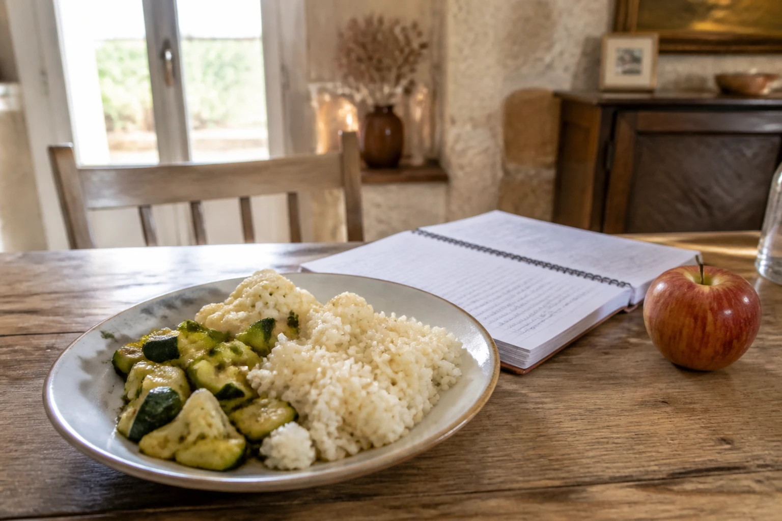 Assiette de légumes pauvres en potassium avec riz blanc et pomme sur une table en bois