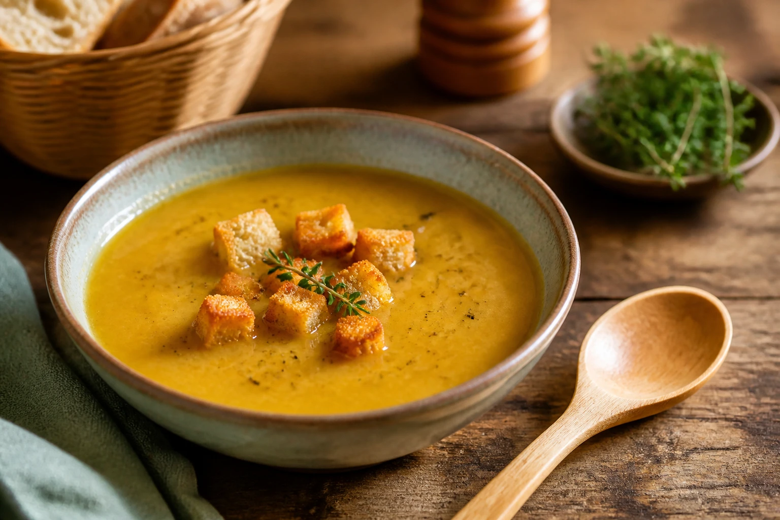 Velouté de soupe onctueux dans un bol en céramique, technique pour épaissir une soupe naturellement