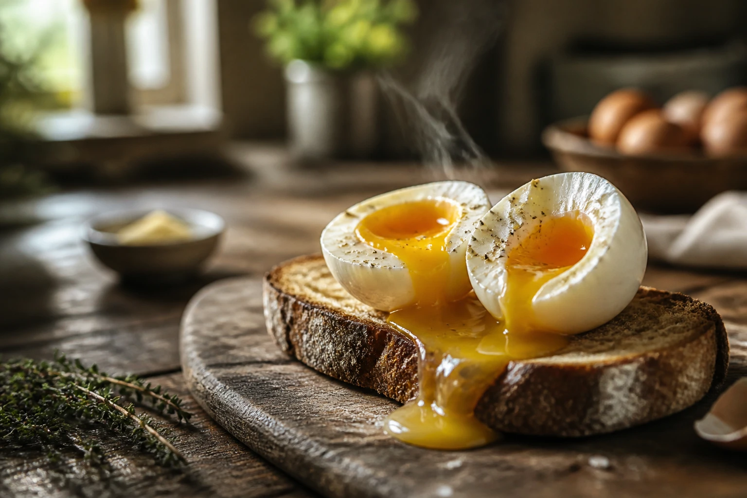 Œuf mollet coupé en deux avec jaune onctueux coulant sur une tartine de pain de campagne