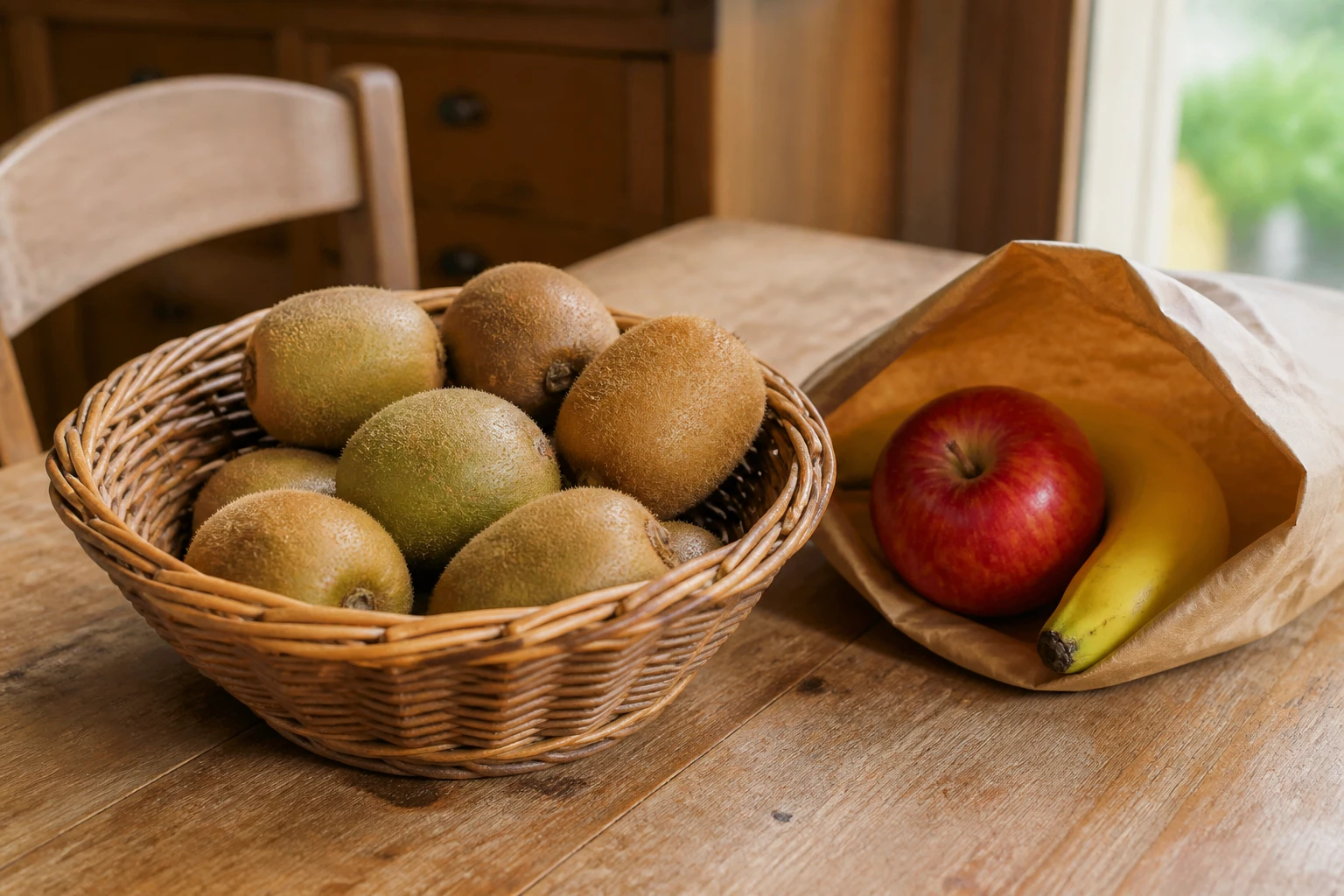 Corbeille de kiwis avec sac en papier, pomme et banane pour accélérer le mûrissement